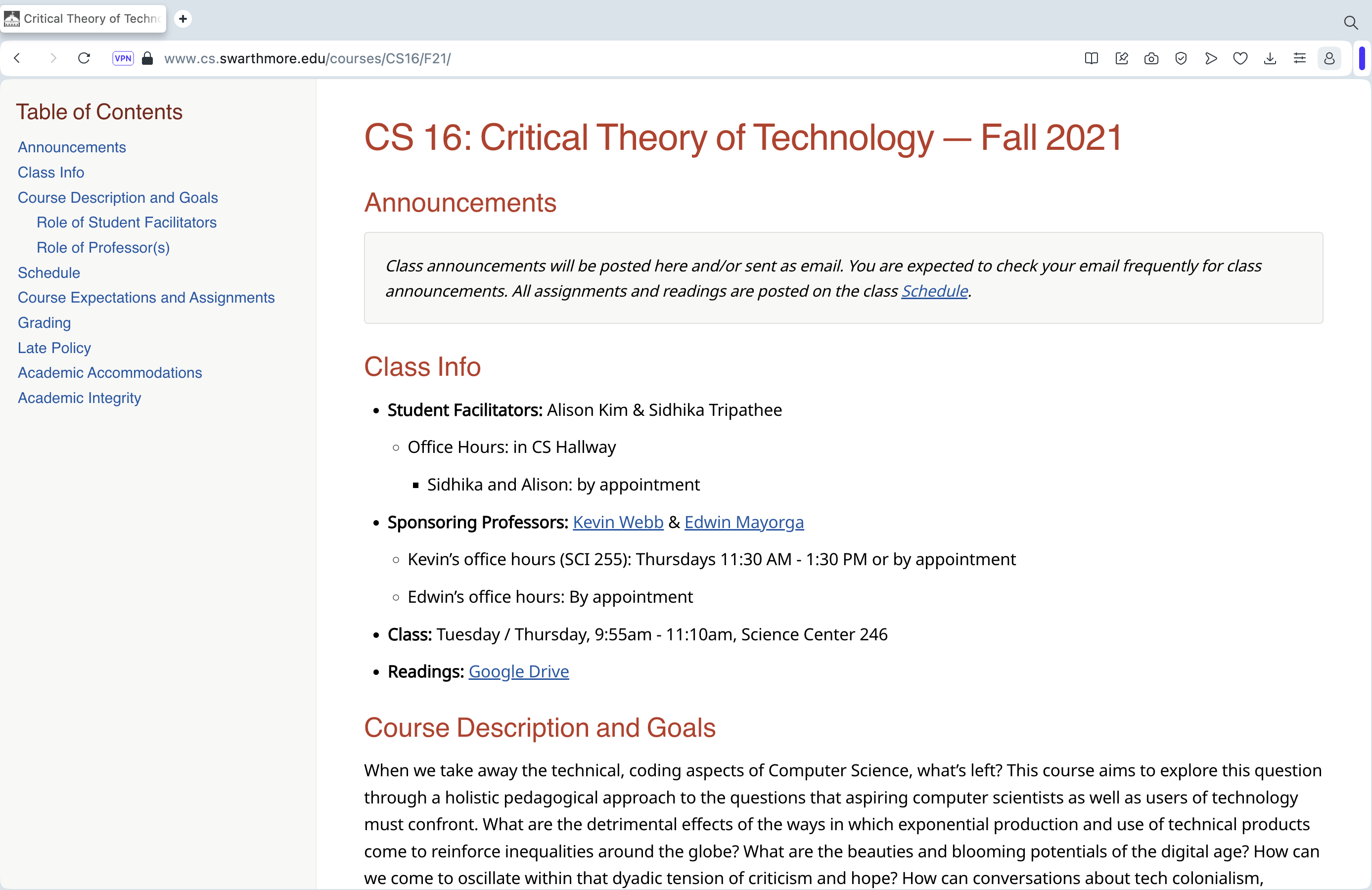 screenshot of the student led course webpage.